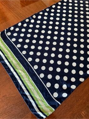 Navy Polka Dot Scarf with White Dots and Green Stripes silk hand & rolled